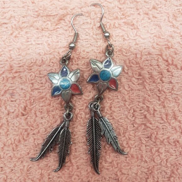 Native American Pewter Dangles w/Flower Red/Purple/Blue Petals- Turquoise in Cen - Picture 1 of 5